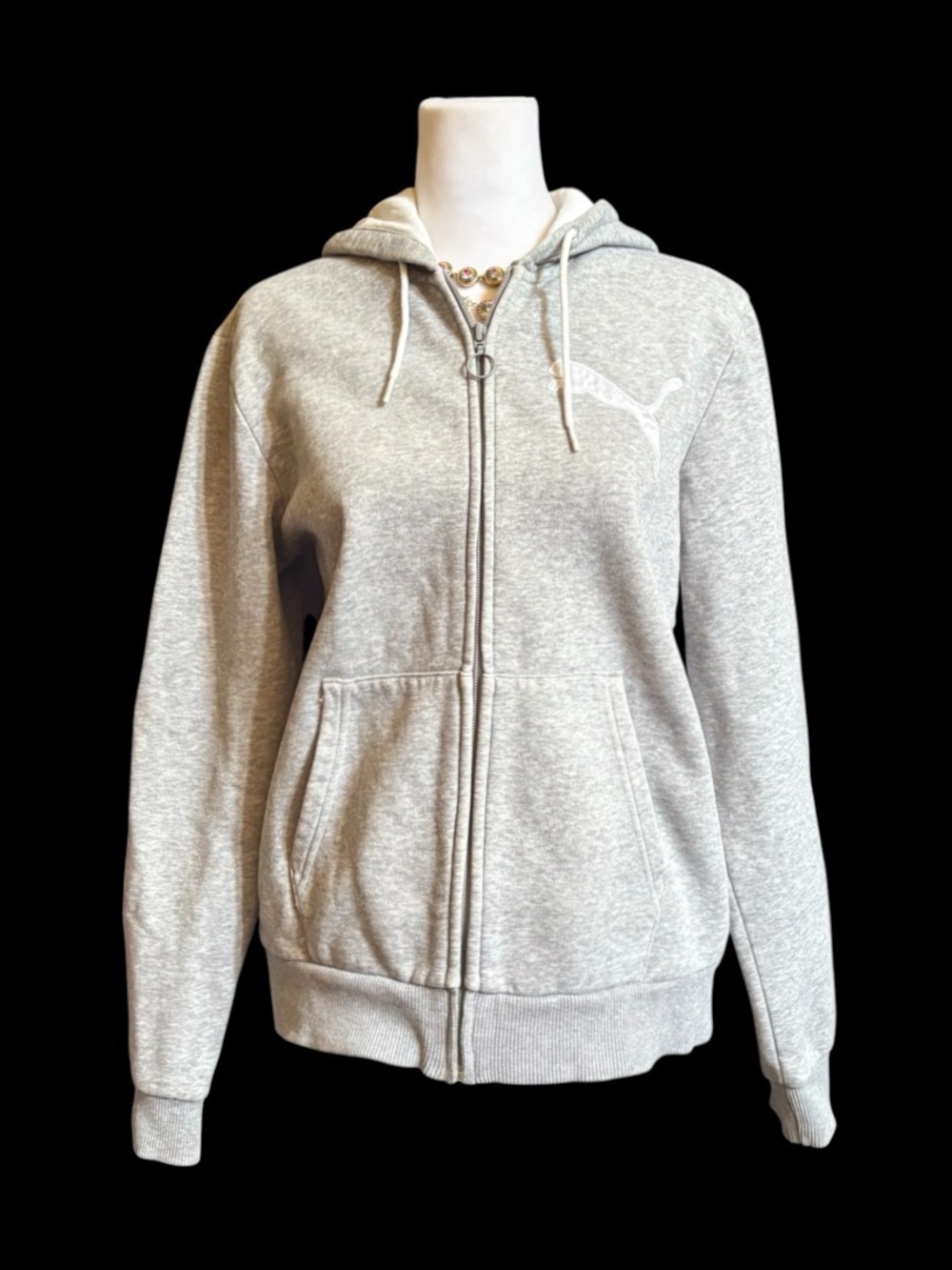 Puma Grey Full-Zip Hoodie with White Drawstrings with Satin Detailing | Medium